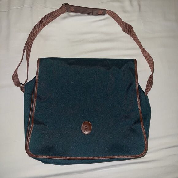 Polo Ralph Lauren Canvas Messenger Crossbody Bag Tote Green Brown Trim 15” Wide - Picture 2 of 14